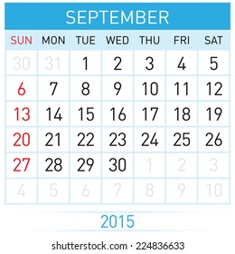Monthly calendar template for September of year Twenty Fifteen