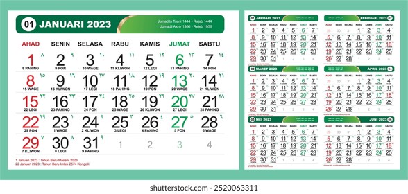 Monthly calendar template. Wall calendar in elegant style. Hijriyah and Gregorian calendars, Javanese weton