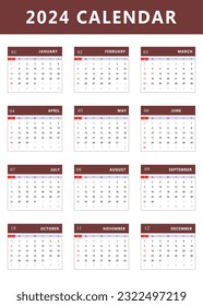 Monthly calendar template of year 2024. Vector design