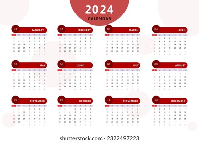 Monthly calendar template of year 2024. Vector design