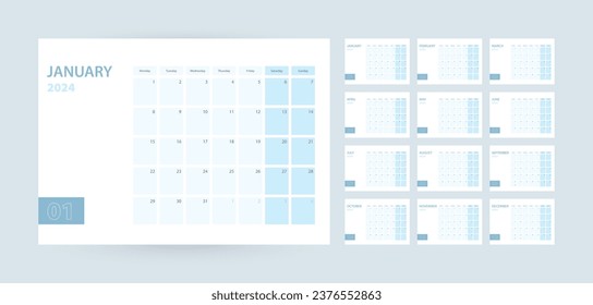 Monthly calendar template for the year 2024, the week starts on Monday. The calendar is in a blue color scheme. Vector illustration.