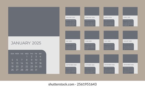 Monthly calendar template for year 2025 , Week Starts on Sunday , Wall calendar in a minimalist style.