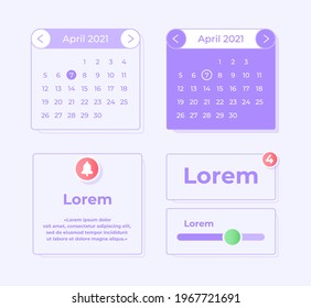 Monthly calendar UI elements kit. Online tracker with reminders isolated vector icon, bar and dashboard template. Web design widget collection for mobile application with light theme interface