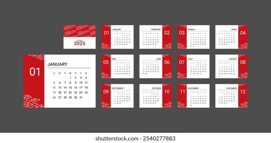 Modelo de design de vetor de calendário mensal 2025 Ano. Design de Calendário Moderno com Elementos Indonésios na forma de MegAmendung Batik vermelho. Adequado para Exibir Calendário ou Calendário de Mesa.