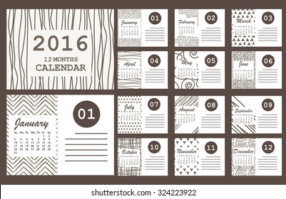 Monthly Calendar for year 2016. doodle and hand drawn design. Week Starts Monday. Simple Template. vector illustration