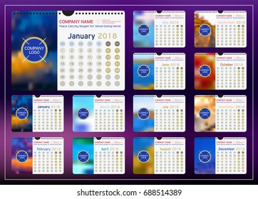 Monthly Calendar Year 2018 for Wall or Desk. Vector Design Template with Space for Photo and Corporate elements. Landscape Orientation. Set of 12 Months. Week starts monday. 