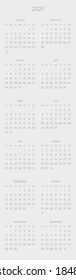 Monthly calendar of year 2027. Week starts on Sunday. Block of months in two columns and six rows vertical arrangement. Simple thin minimalist design. Vector illustration.