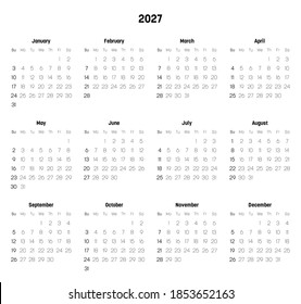 Monthly calendar of year 2027. Week starts on Sunday. Block of months in two rows and six columns horizontal arrangement. Simple thin minimalist design. Vector illustration.