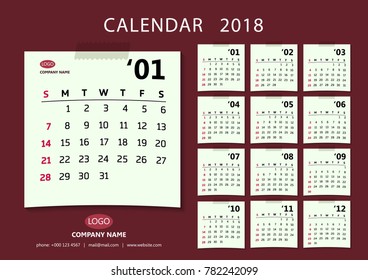 Monthly calendar for the year. The monthly designed grid is made in the form of simple yellow stickers on a red background. There is a place for your logo and contact information. Vector