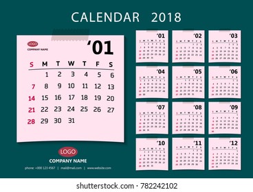 Monthly calendar for the year. The monthly designed grid is made in the form of simple red labels on a green background. There is a place for your logo and contact information. Vector