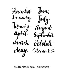 Monthly calligraphic set. Vector isolated illustration: brush calligraphy, hand lettering. For calendar, schedule, diary, journal, postcard, label, sticker and decor.