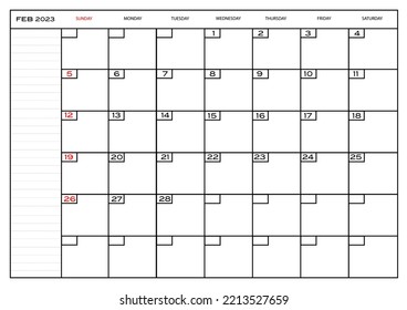 Monthly carlendar February 2023 planner