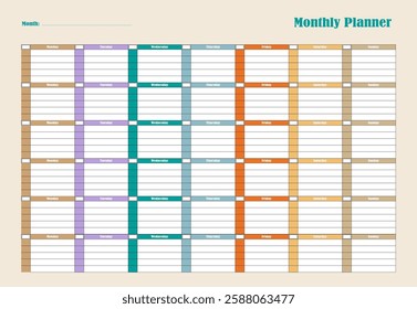 Monthly colorful planner, personal organizer. Vector design.