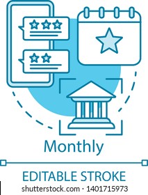 Monthly concept icon. AR tool subscription tariff idea thin line illustration. Augmented reality equipment. Service charge. Regular fee. AR app. Vector isolated outline drawing. Editable stroke