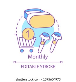 Monthly concept icon. VR game subscription tariff idea thin line illustration. Virtual reality equipment. Service charge. Regular fee. VR headset. Vector isolated outline drawing. Editable stroke