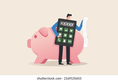 Monthly cost or budget. Bills to pay, home loans, cars, consumer goods, apparel, miscellaneous, tax payments. Personal finance management.  Young man calculates his monthly expenses with a calculator.