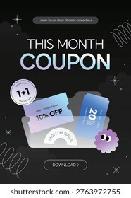 Monthly Coupon Pack Banner Design with 30% Off and 1+1 Promo, Shopping Discount and Sale Offer