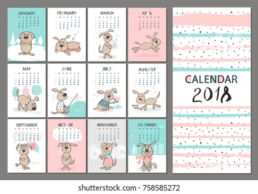 Monthly creative calendar 2018 with cute dogs. Concept, vector vertical editable template.
