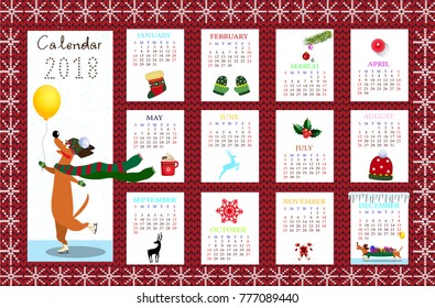 Monthly creative calendar 2018 with cute cartoon dachshund and christmas symbols on red fabric knitted background. Concept, vector editable template. Symbol of the year dog in Chinese calendar. 