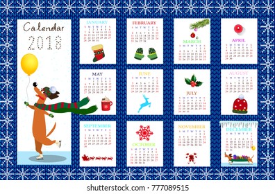 Monthly creative calendar 2018 with cute cartoon dachshund and christmas symbols on blue fabric knitted background. Concept, vector editable template. Symbol of the year dog in Chinese calendar. 