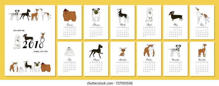 Monthly creative calendar 2018 with dog breeds. Concept, vector vertical editable template. Symbol of the year in the Chinese calendar. Minimalism. Isolated on yellow background A4