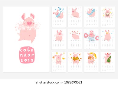 Monthly creative calendar 2019 with cute pig. Concept, vector vertical editable template. Symbol of the year in the Chinese calendar. Cartoon. Isolated. Vector illustration