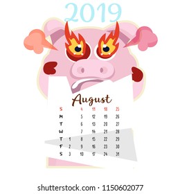 Monthly creative calendar 2019 with cute pig. Concept, vector vertical editable template. Symbol of the year in the Chinese calendar. Cartoon. Isolated. Vector illustration