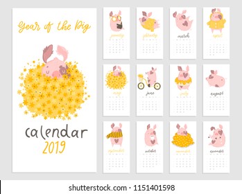 Monthly creative calendar 2019 with cute pig. Concept, vector vertical editable template. Symbol of the year in the Chinese calendar. Cartoon. Isolated. Vector illustration. Year of the yellow pig