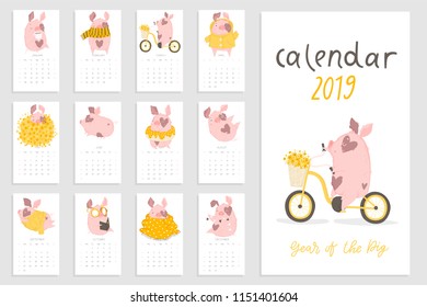 Monthly creative calendar 2019 with cute pig. Concept, vector vertical editable template. Symbol of the year in the Chinese calendar. Cartoon. Isolated. Vector illustration. Year of the yellow pig