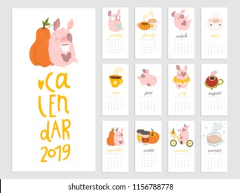 Monthly creative calendar 2019 with cute pig. Concept, vector vertical editable template. Symbol of the year in the Chinese calendar. Cartoon. Isolated. Vector illustration. Year of the yellow pig