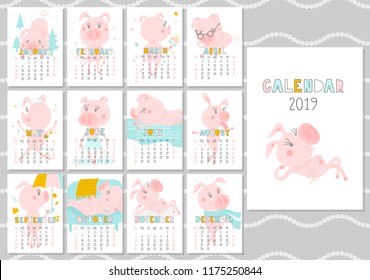 Monthly creative calendar 2019 with cute pig. Concept, vector vertical editable template. Symbol of the year in the Chinese calendar. Funny cartoon characters.Vector illustration.