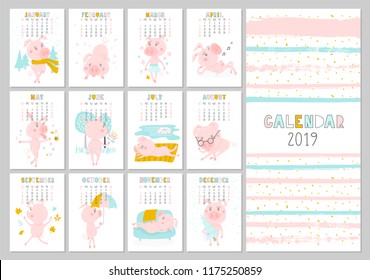 Monthly creative calendar 2019 with cute pig. Concept, vector vertical editable template. Symbol of the year in the Chinese calendar. Funny cartoon characters.Vector illustration