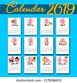 Monthly creative calendar 2019 with cute pig. Concept, vector vertical editable template. Symbol of the year in the Chinese calendar. Cartoon. Isolated. Vector illustration.