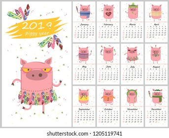 Monthly creative calendar 2019 with cute pig. Symbol of the year in the Chinese calendar. Vector