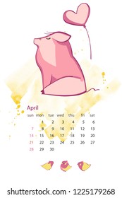 Monthly creative calendar 2019 with cute pig. Concept, vector vertical editable template. Symbol of the year in the Chinese calendar. Vector illustration.