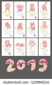 Monthly creative calendar 2019 with cute pig. Concept, vector vertical editable template. Symbol of the year in the Chinese calendar. Vector illustration.