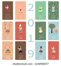 Monthly Creative Calendar 2019 with a cute pig. Symbol of the year in the Chinese calendar. Cartoon Isolated Vector illustration. Year of the pig