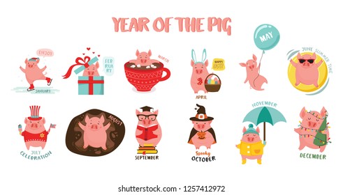 Monthly creative calendar 2019 with cute pig. Symbol of the year in the Chinese calendar. Cartoon. Isolated. Vector illustration.