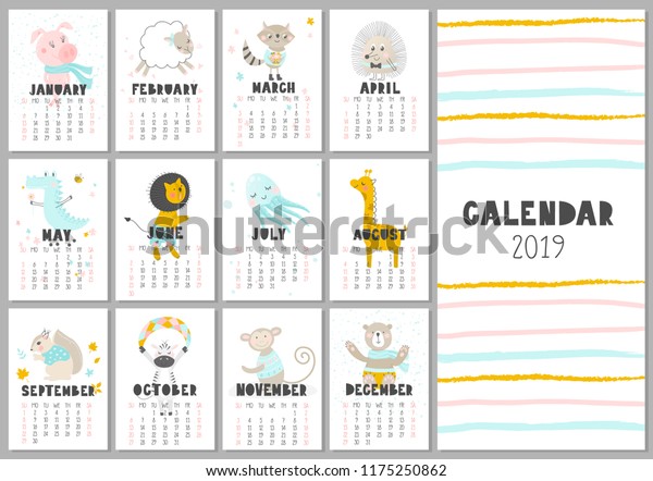 Monthly Creative Calendar 2019 Cute Animals Stock Vector (Royalty Free ...