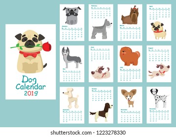 Monthly creative calendar 2019 with different dog breeds. Concept of vector vertical editable template. 