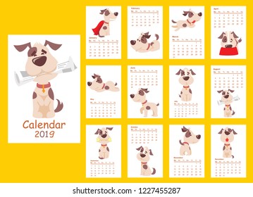 Monthly creative calendar 2019 with different dayly activities of dog. Concept of vector vertical editable template.