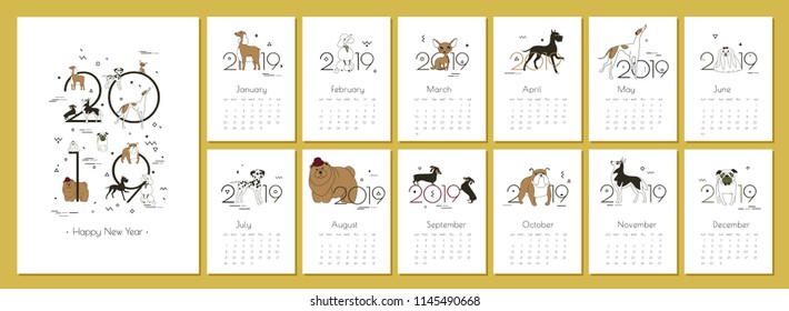 Monthly creative calendar 2019 with dog breeds for dog breeders and dog lovers Yellow - the color of the year in the Chinese calendar Concept, vector editable template Minimal Memphis Vector A4