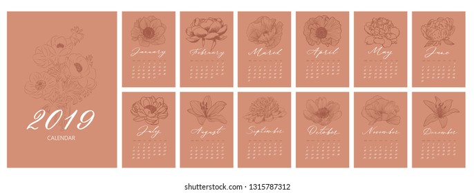 Monthly creative calendar 2019 with flowers.Planner with calligraphy of months of the year. Set of 12 Months. Week Starts Sunday.