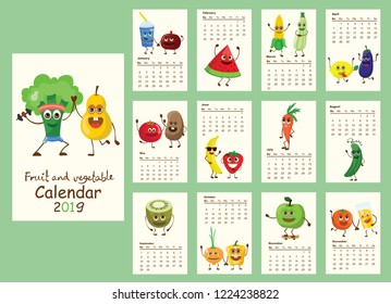 Monthly creative calendar 2019 with funny fruit and vegetables. Concept of vector vertical editable template.