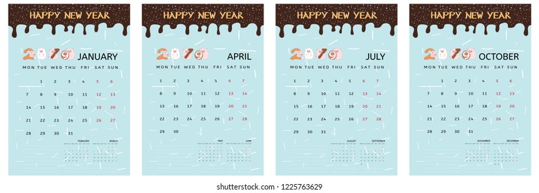 Monthly creative calendar 2019,Cute cartoon of pink pigs holding text 2019 in sweet donuts on blue background,Chinese symbol of the 2019 year, label and banner,Vector illustration calendar 2019