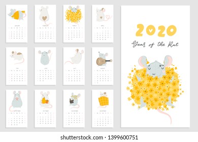 Monthly creative calendar 2020 cute hand drawn rat.  Concept, vector vertical editable template. Symbol of the year in the Chinese calendar. Cartoon. Isolated. Vector illustration. Vector A4 