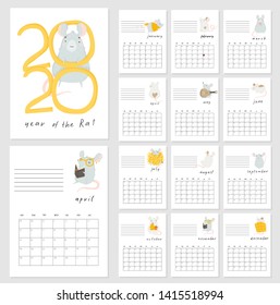 Monthly creative calendar 2020 cute hand drawn rat.  Concept, vector vertical editable template. Symbol of the year in the Chinese calendar. Cartoon. Isolated. Vector illustration. Vector A4 