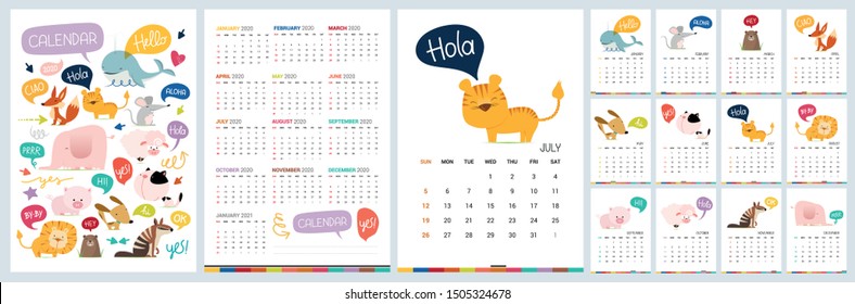 Monthly creative calendar 2020 with cute hand drawn animal illustrations. Vector vertical Concept template in Cartoon style. Isolated. Vector illustration