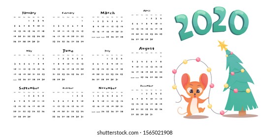 Monthly creative calendar 2020 cute cartoon rat. Concept, vector horizontal editable template. Symbol of the year in the Chinese calendar. Cartoon. Isolated. Vector illustration