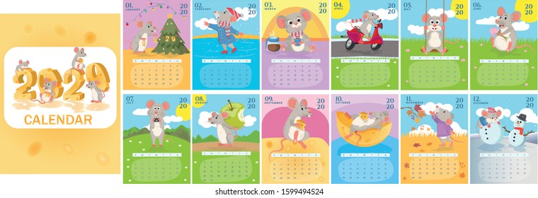 Monthly creative calendar 2020 with cute rats or mice. Concept, vector editable template. Symbol of the year in the Chinese calendar.